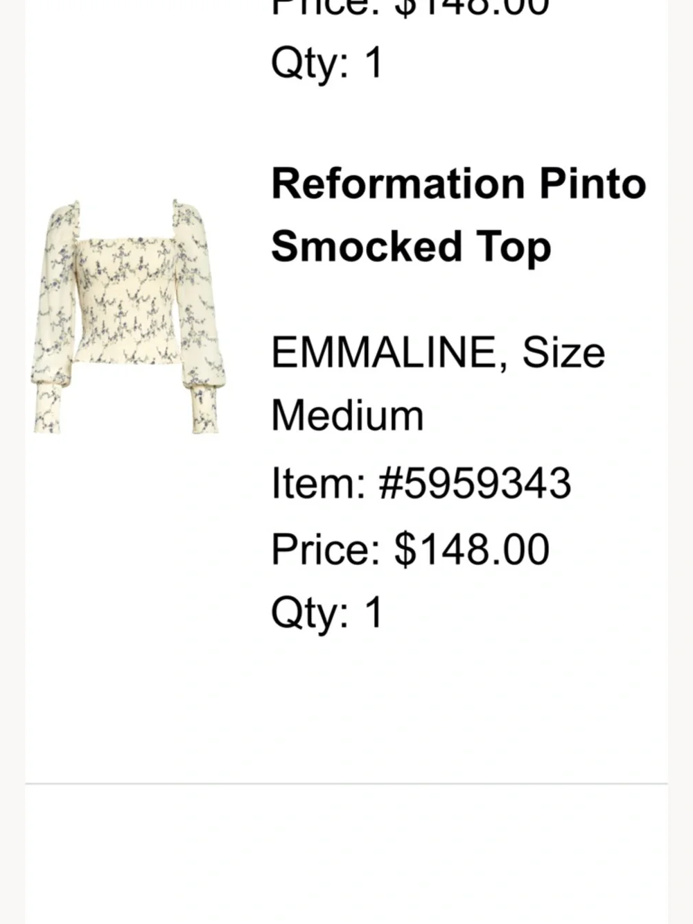 Reformation Cream Floral Smocked Square-Neck Crop Top with Blue Print